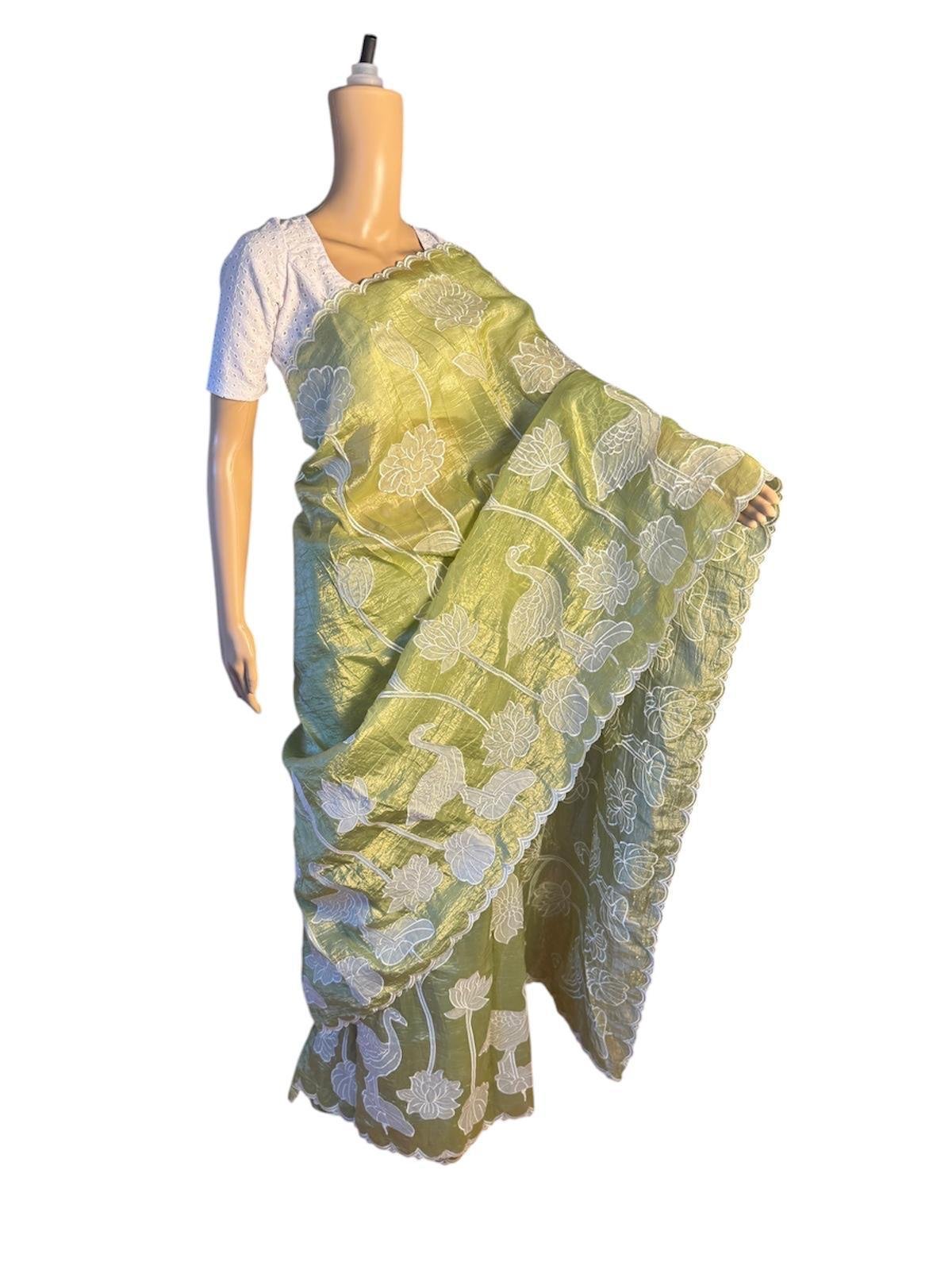 cream sequin embroidery organza saree copy