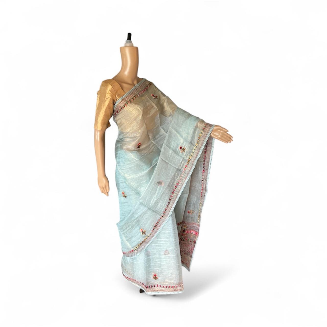 cream sequin embroidery organza saree copy